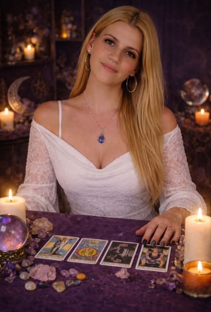Dahiana sentada frente a una mesa con cartas de tarot, cristales y velas encendidas